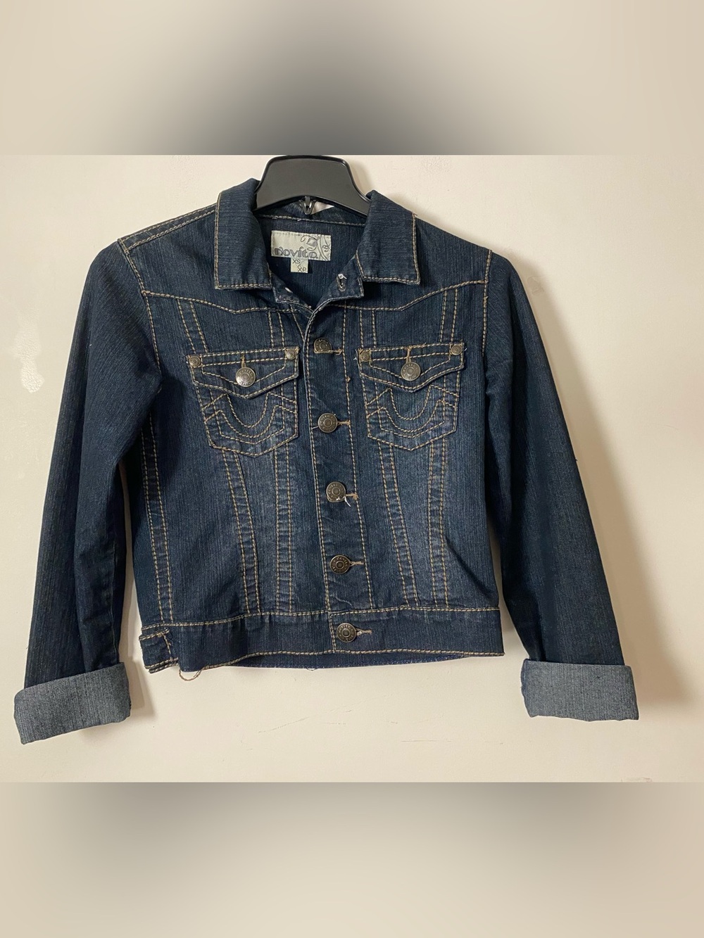 Dark Blue Denim Jacket  with contrast brown thread stitching